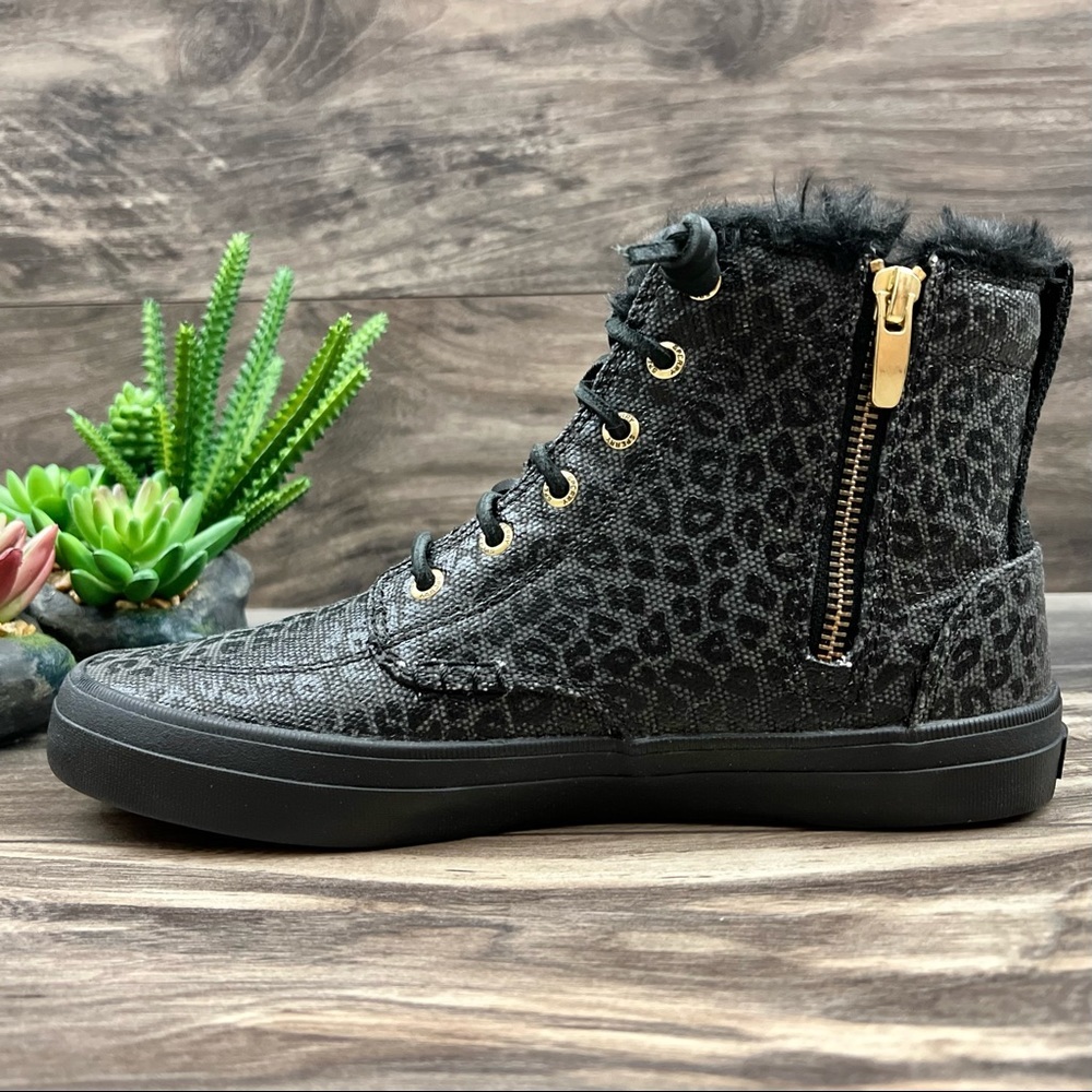 NIB Sperry Crest Vibe Canvas High Top Sneaker Black Animal Print Textile - Picture 7 of 13